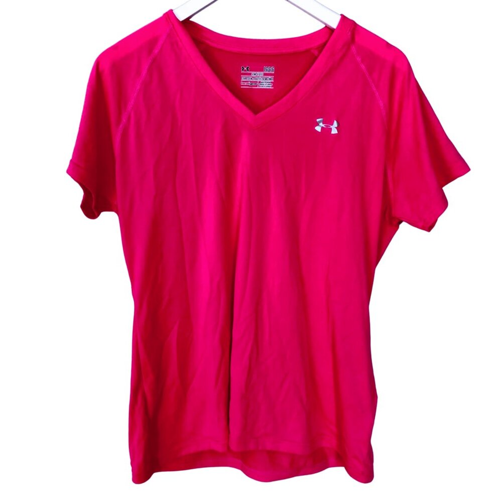 Hot pink under armour semi fitted v-neck heat gear tee shirt